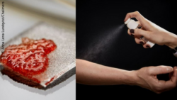 Image: A slide with blood - left and an arm to which a spray is applied - right.; Copyright: Anna Lena Lundqvist/Chalmers  